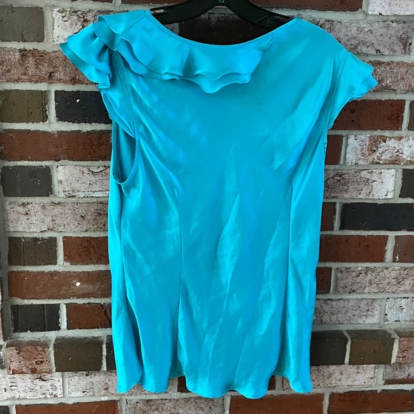 SUNNY LEIGH Blue Aquamarine Ruffled Silky Pullover Blouse Size L NWOT - Picture 7 of 8